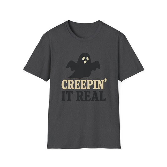 Creepin' It Real Unisex Softstyle T-Shirt, Halloween Tee, Ghost Graphic Shirt, Casual Streetwear, Fun Gift for Fall Celebrations