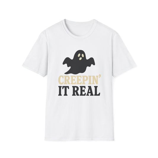 Creepin' It Real Unisex Softstyle T-Shirt, Halloween Tee, Ghost Graphic Shirt, Casual Streetwear, Fun Gift for Fall Celebrations